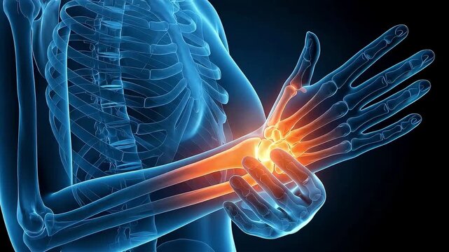 3D medical animation visualizing pain and inflammation in a woman's wrist, including tendonitis and joint pain