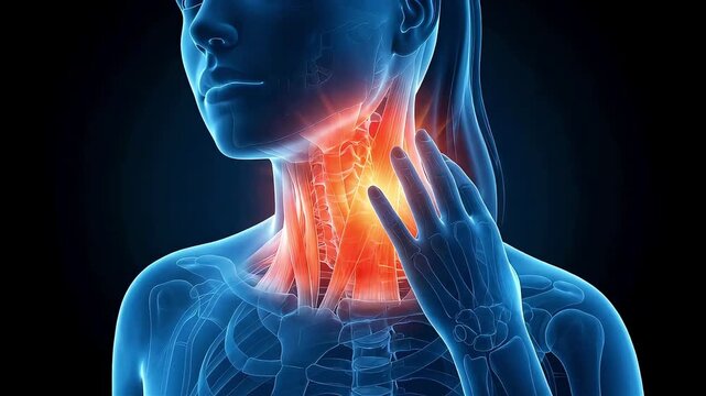 3D medical animation visualizing a woman's sore throat and neck inflammation