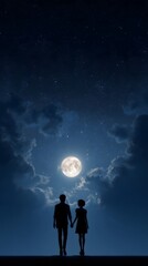 Couple holding hands under a full moon and starry sky