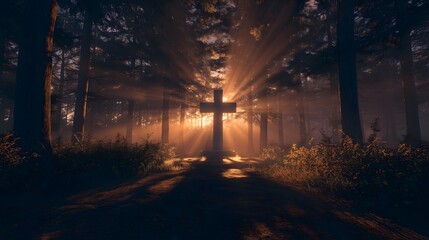 Majestic cross bathed in ethereal forest sunbeams