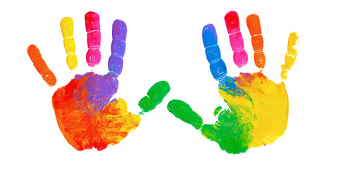 A pair of vibrant handprints in rainbow colors, evoking a sense of creativity and playfulness, perfect for designs that require a fun and artistic touch.