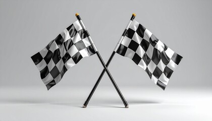 Fototapeta premium Two checkered flags crossed on a white background, symbolizing the finish line of a race or the end of a competition.