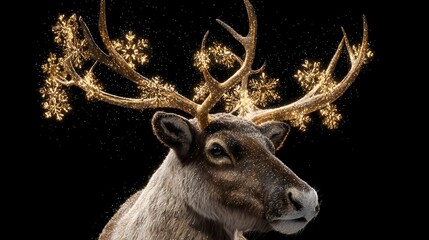Golden Reindeer Antlers with Snowflakes and Sparkles on Black Background