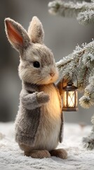 Adorable Bunny With Lantern in Snowy Forest