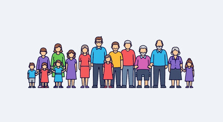 Diverse group of people of different ages standing together.