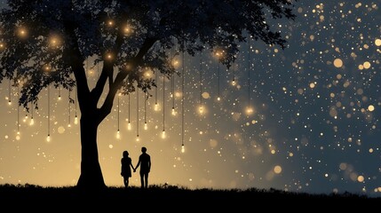 Couple Holding Hands Under String Lights in a Magical Night