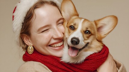 Joyful Corgi Hug with a Girl in Santa Hat and Red Scarf