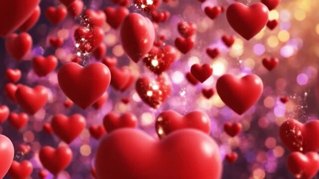 Many red hearts float in a soft focus bokeh background