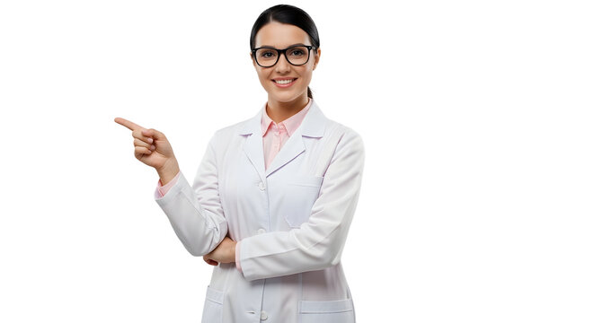 Smiling female scientist wearing glasses and a white lab coat points to the side with her index finger indicating direction on transparent background
