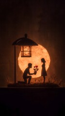 Romantic Proposal Under a Giant Orange Moon and Lantern