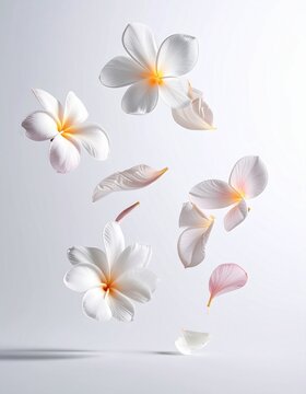 White and pink frangipani flowers and petals floating gracefully in the air.