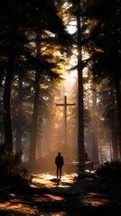 Lone figure approaches cross in sunlit forest