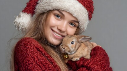 Young Woman in Santa Hat Holding Bunny with Bell