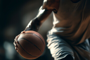 Dynamic close-up action shot of faceless athlete dribbling basketball outdoors. Black man, intense sports energy motion, fitness, training, performance, strength, focus, power, speed, precision.