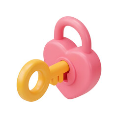 Pink heart padlock with golden key on transparent background, romantic security symbol for love relationship privacy