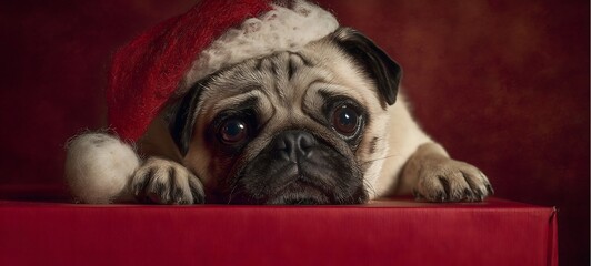 Adorable Pug Wearing Santa Hat on Red Box