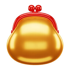 Golden coin purse with red clasp closure on transparent background, metallic money pouch for finance, savings and wealth concept