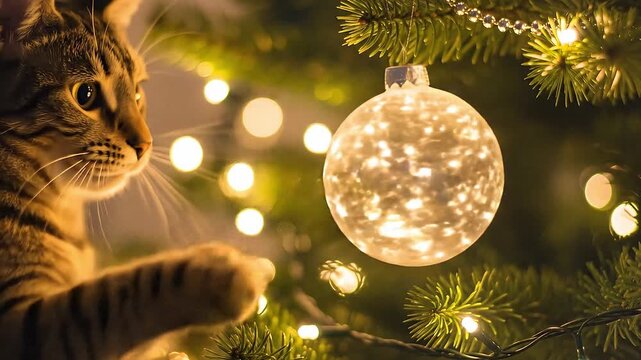 A low-angle, playful shot of a curious cat's paw gently batting at a low-hanging, tinkling glass ornament on the Christmas tree. The ornament sways, catching the light