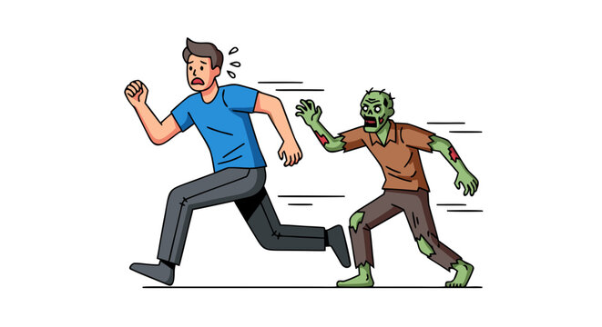 Terrified cartoon man frantically running away from a chasing aggressive hungry zombie monster illustration