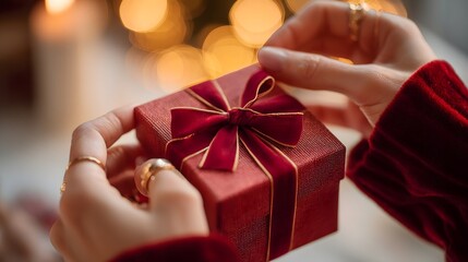 Hands Unwrapping A Red Velvet Gift Box with Gold Ribbon