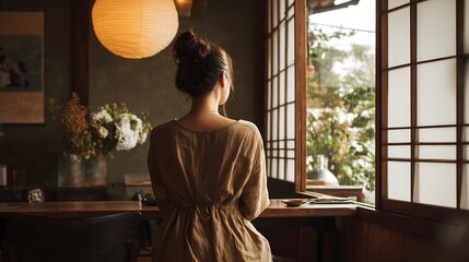 Woman Gazing Out Window in Tranquil Japanese Tea Room