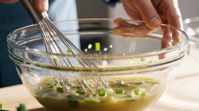 Hands whisking eggs in glass bowl on kitchen counter, meal prep for savory omelet or frittata, warm home cooking mood, brunch for Easter morning