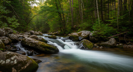 Serene forest stream flowing over moss-covered rocks in a lush green woodland setting.