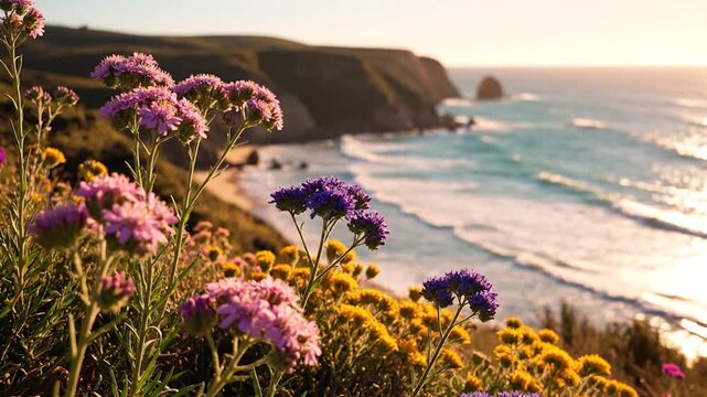 Purple and yellow wildflowers bloom on a coastal cliff overlooking the ocean
