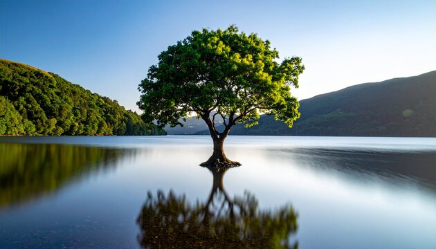 A solitary tree stands tall and proud, reflected in the serene lake waters, embraced by the surrounding natural beauty. The tree has lush green leaves.
