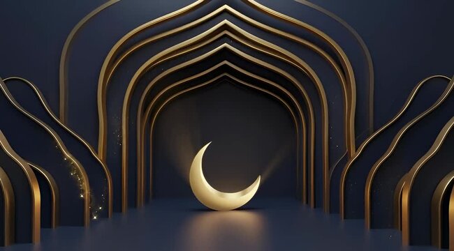 Luxury Gold Islamic Arch with Crescent Moon for Ramadan Eid Hari Raya Aidilfitri, Dark Blue Celebration Concept