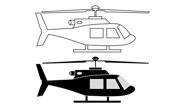 Helicopter icon set with outline and silhouette, rotor, tail, cockpit and skids, graphic for aviation, transport, rescue, and logo design.side view vector illustration isolated white background