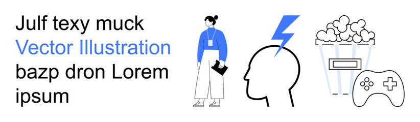 Entertainment, creativity, leisure, gaming, mental activity, multimedia. Minimal design with a figure, popcorn game controller and lightning bolt over a head. Entertainment and creativity concept © robu_s