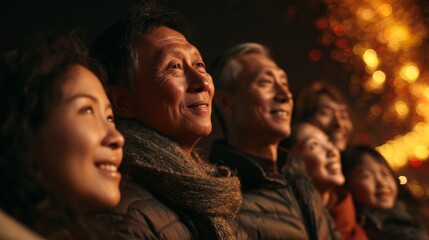 Fototapeta premium Chinese Family Watching Fireworks on Lunar New Year’s Eve, Warm Glow on Faces, Joyful and Hopeful Atmosphere, Festive Family Celebration