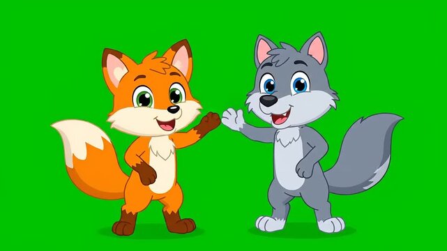 Cartoon fox and wolf characters waving hello, friendship, kindness, vector art, set against a vibrant green screen for versatile compositing.