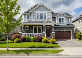 Beautiful modern suburban home with manicured lawn and stone facade