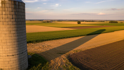 Fototapeta premium Farmland Silo Shadow Stretches Across Fields at Sunset