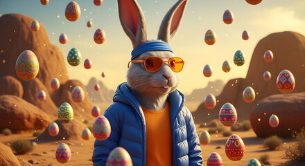 Fototapeta premium Modern Easter Bunny with Sunglasses and Jacket in a Surreal Desert Landscape