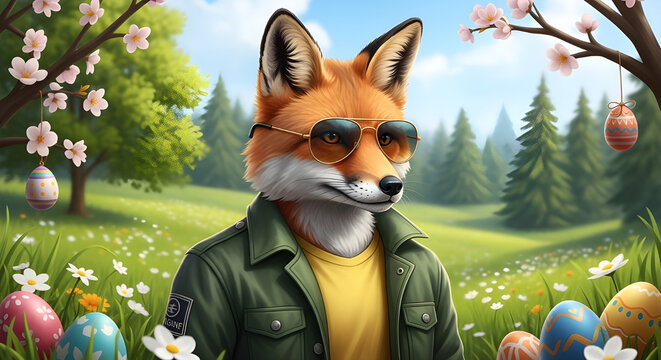 A cool anthropomorphic fox wearing sunglasses in a vibrant spring Easter meadow
