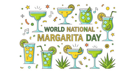 Colorful illustration celebrating National Margarita Day with various margarita cocktails and ingredients.