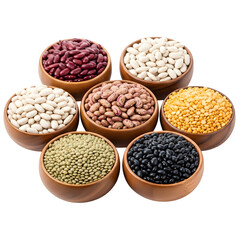 Fototapeta premium Six wooden bowls of various beans and legumes, isolated on white or transparent background, PNG Format