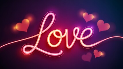  multicolor neon light, love lettering. Glowing single line art, handwritten word, ultraviolet text, light drawing. Romantic festive background for Valentine day .