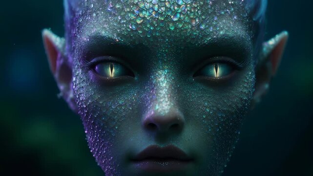 Iridescent Siren Creature Portrait with Wet Scales and Bioluminescence