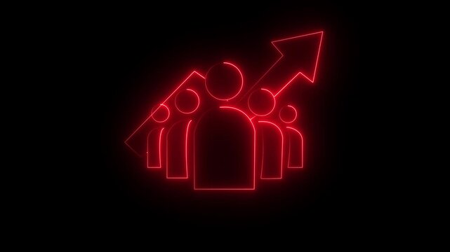 Business teamwork, team building, work group and human resources concept. Glowing neon line animation group of business man with up arrow behind isolated on transparent.4k video animation.
