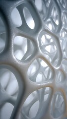 A close-up view of a white 3D printed lattice structure with holes