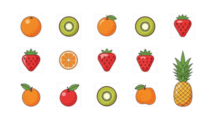 Assorted tropical fruits arranged in a grid pattern on a clean white background from a direct overhead viewpoint © Jack