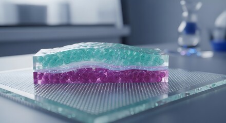 A colorful gel-like substance in a laboratory setting on a glass plate