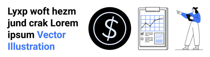 Obraz premium Dollar symbol, clipboard with chart, and a businesswoman explaining a graph. Ideal for business, finance, economics, investment, analysis, strategy education simple landing page