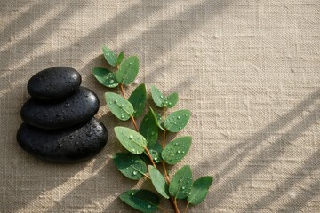 A serene arrangement of black stones and green leaves on a textured surface