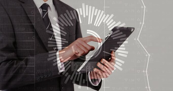 Executive initiating initial tap, tapping and swiping tablet while HUD updating for data review