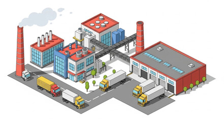 Isometric Industrial Factory Complex with Buildings and Trucks.